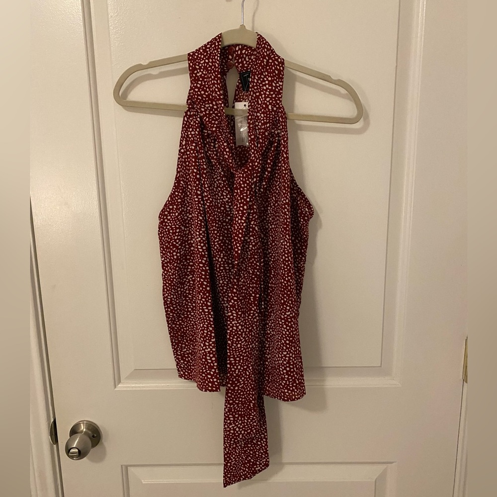 Sleeveless Dark Red with White Dots, Tie Neck Top.